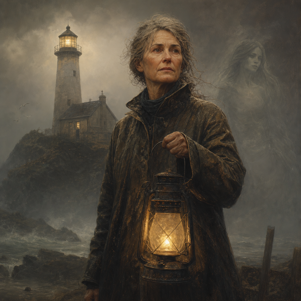 Illustration of Mara Vell, a haunted lighthouse keeper on a rocky coast