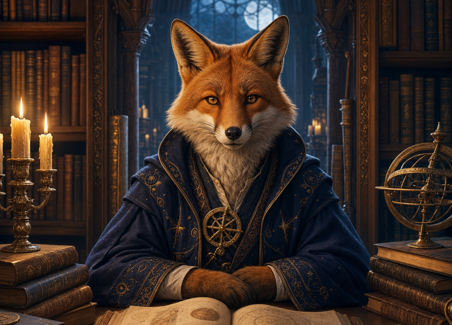 Illustration of Rowan Foxglove, a fox archivist in a candlelit magical library